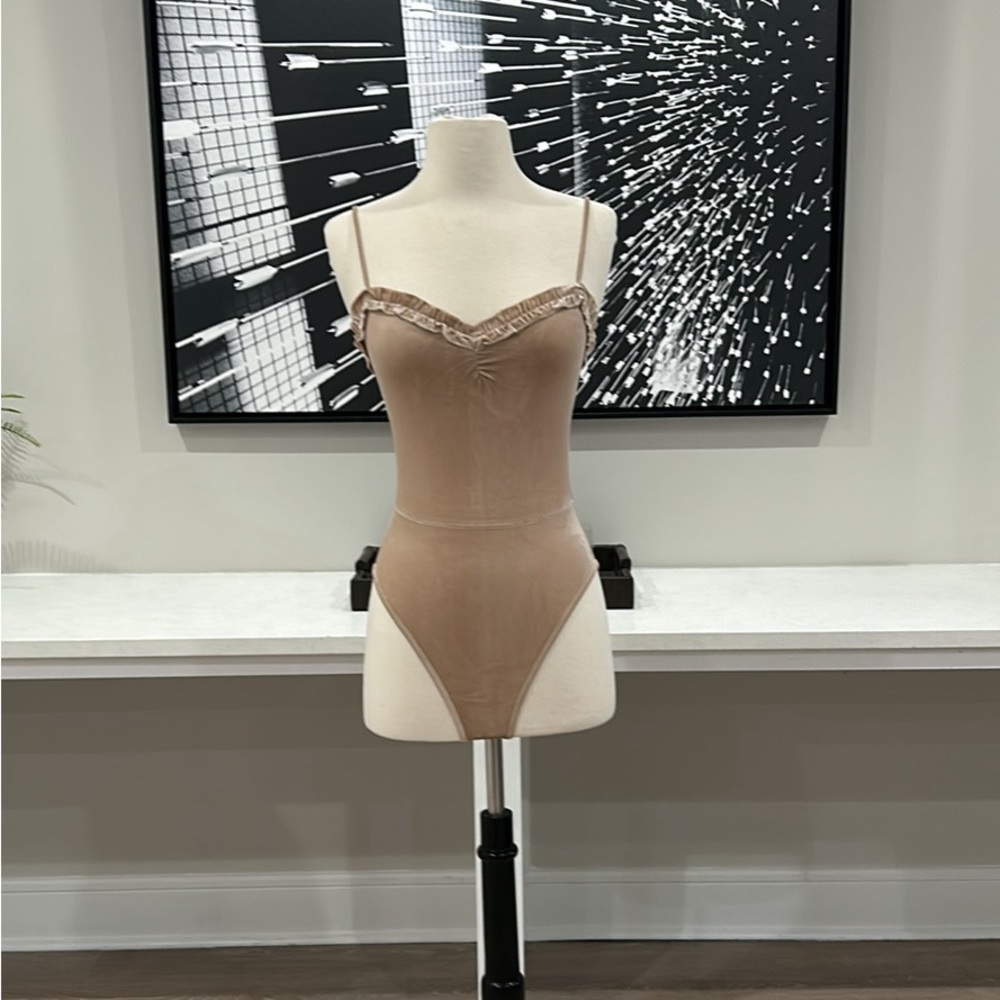 BRAND NEW! Light Tan Velvet Bodysuit w/ Snap Closure, Lots Of Stretch, Small